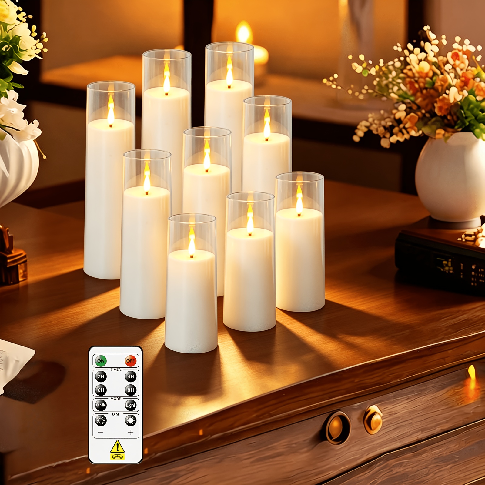 TEMU Nimiko 9-pack Clear Acrylic Flameless Led Pillar Candles, 2.3in Base, 3pcs 5/6/7in With 1 Remote, Battery Operated Dimmable Flickering Warm