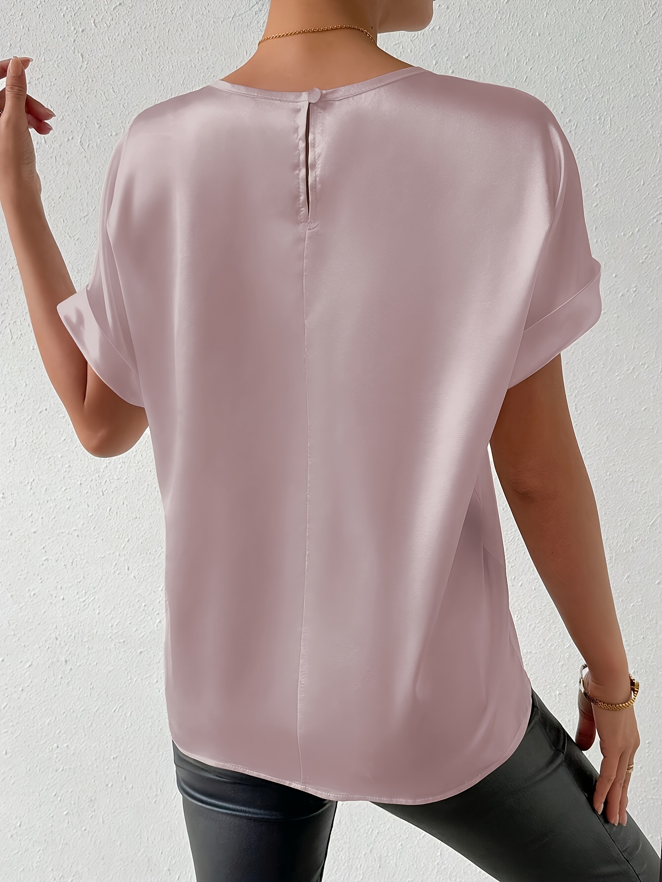 Women's Batwing Short Sleeve Round Neck Blouse - Elegant Solid Color Non-See-Through Shirt, Machine Washable Lightweight Top for Spring Summer Fall, Versatile Casual & Formal Wear, Seasonal Fashion, Flowing Silhouette, Smooth Texture