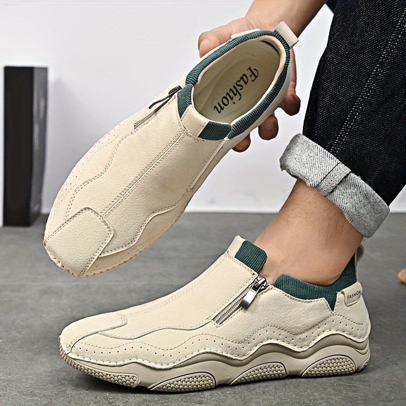 mens slip on casual sneakers breathable synthetic upper non slip rubber sole comfortable fabric lining zipper detail beige   outdoor sports casual attire 2