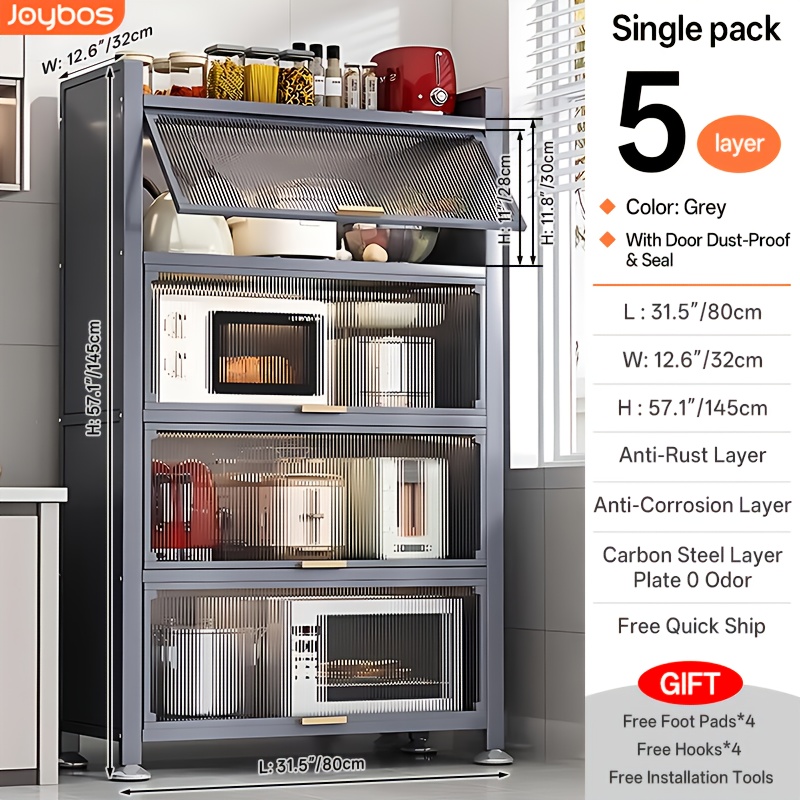 Heavy-Duty Metal Kitchen Cabinet with Transparent Acrylic Doors - Extra Tall Storage Shelf, Large Pantry Organizer for Kitchen, Living Room, Dining - Easy Assembly, No Power Needed (Grey, 57.1