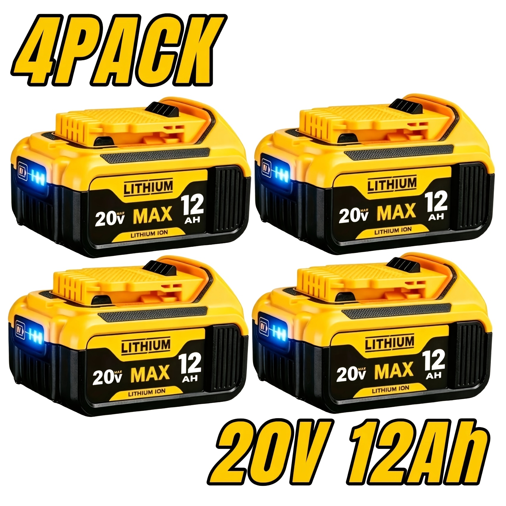 TEMU Lot de 4 batteries 20V 12,0Ah de grande capacité au lithium-ion, remplaçant la plus grande batterie DCB200 20V, compatibles avec DCB200 pour