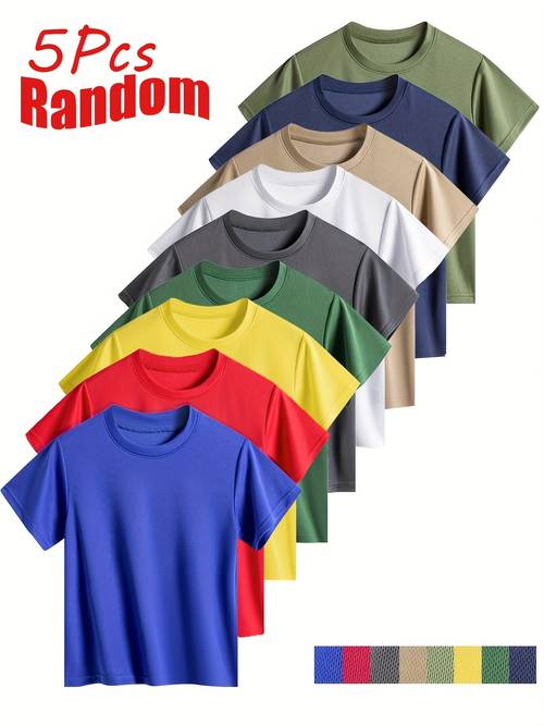 random 5pcs boys athletic short sleeve t shirts quick dry breathable mesh durable polyester fabric solid colors ideal for sports basketball soccer training and daily wear summer