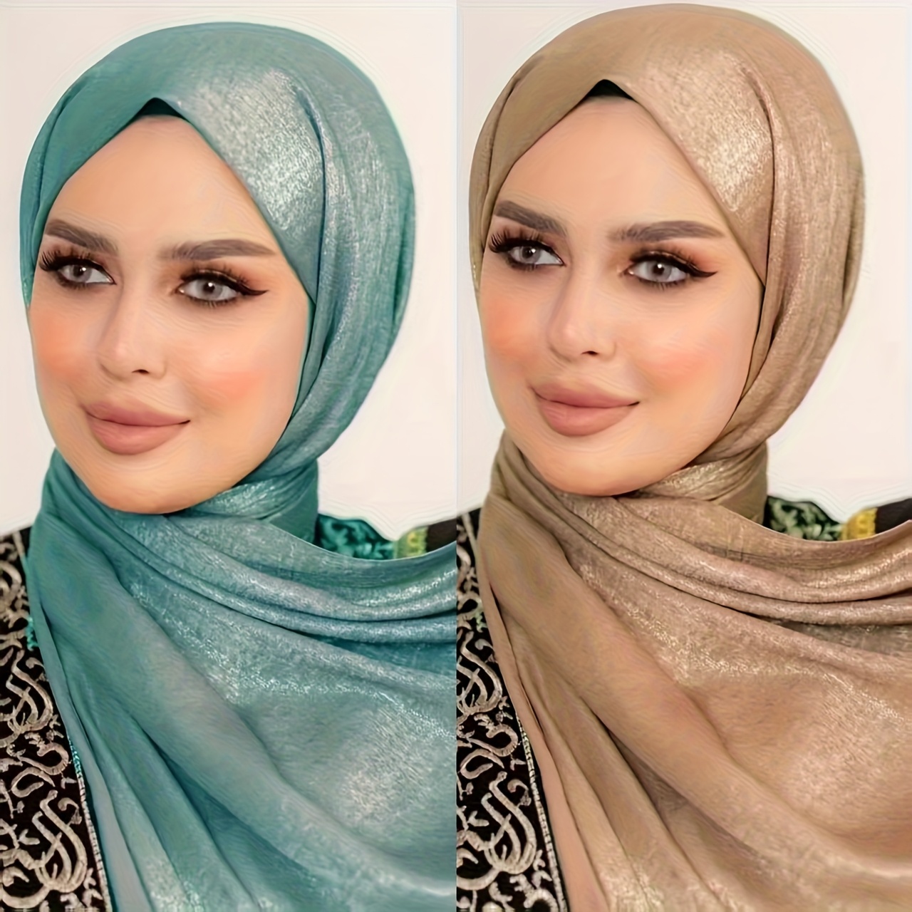2 pack silky scarf, 100% polyester fiber, religious muslim headscarf, breathable, fitted, non-elastic, weaving  , multiple solid colors   details 1