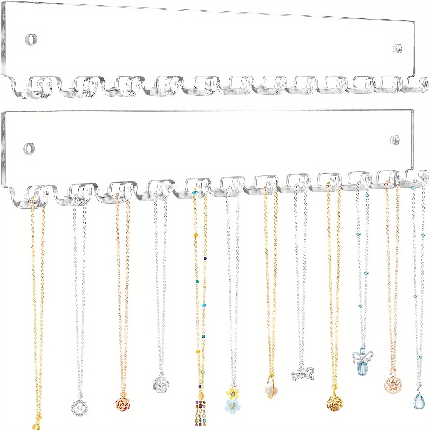 Image of 2pcs Acrylic Jewelry Organizer With 12 Hooks, Wall Mounted Necklace Holder, Clear Plastic Display For Necklaces, Bracelets, Rings, And Bangles