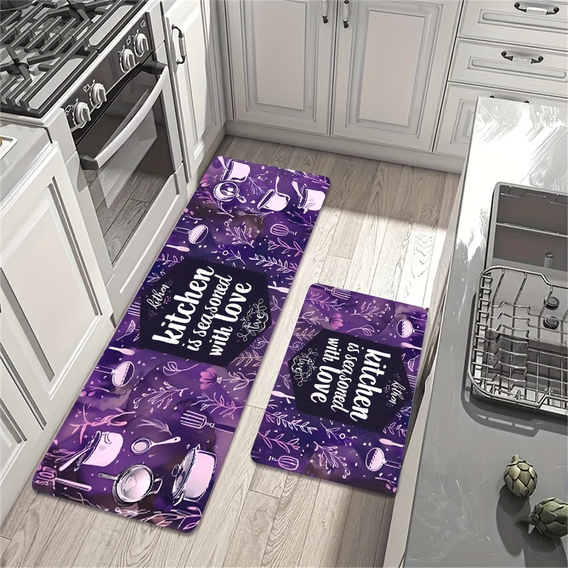 

Kitchen Entryway Rectangle Rug Set With Love Theme - Polyester Machine Washable Carpet Tiles For Bedroom, Room, And Entryway - Non-patchwork Purple Utensil Design Decorative Indoor Floor Mat
