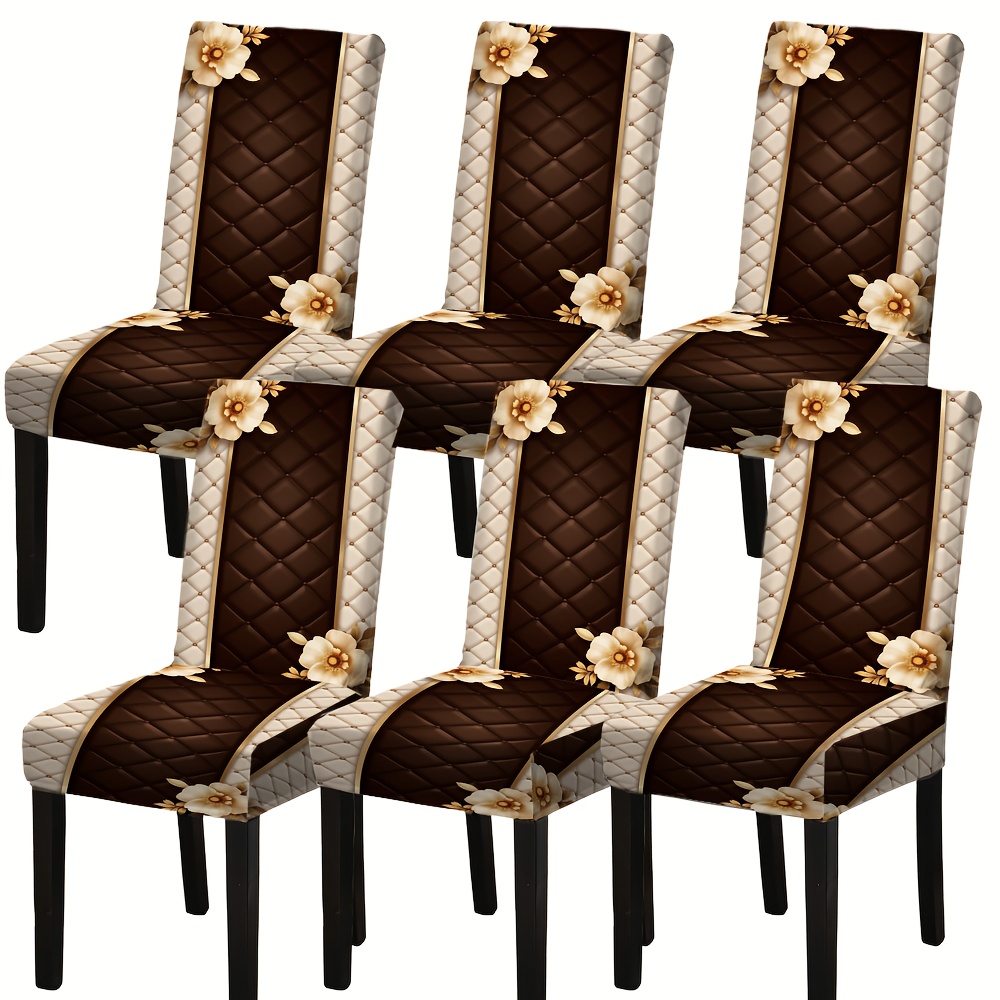 [] Elastic Dining Chair Covers Quilted Brown With Floral Pattern, 2d Flat