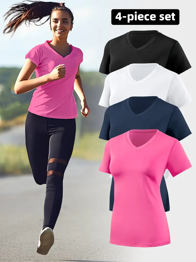 4pcs womens sports running v neck short sleeve quick dry fitness yoga sweat wicking breathable fit t shirt set Product details 0