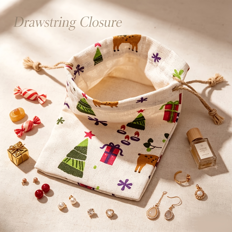 Christmas Drawstring Gift Bags with Vintage Tree & Reindeer Print