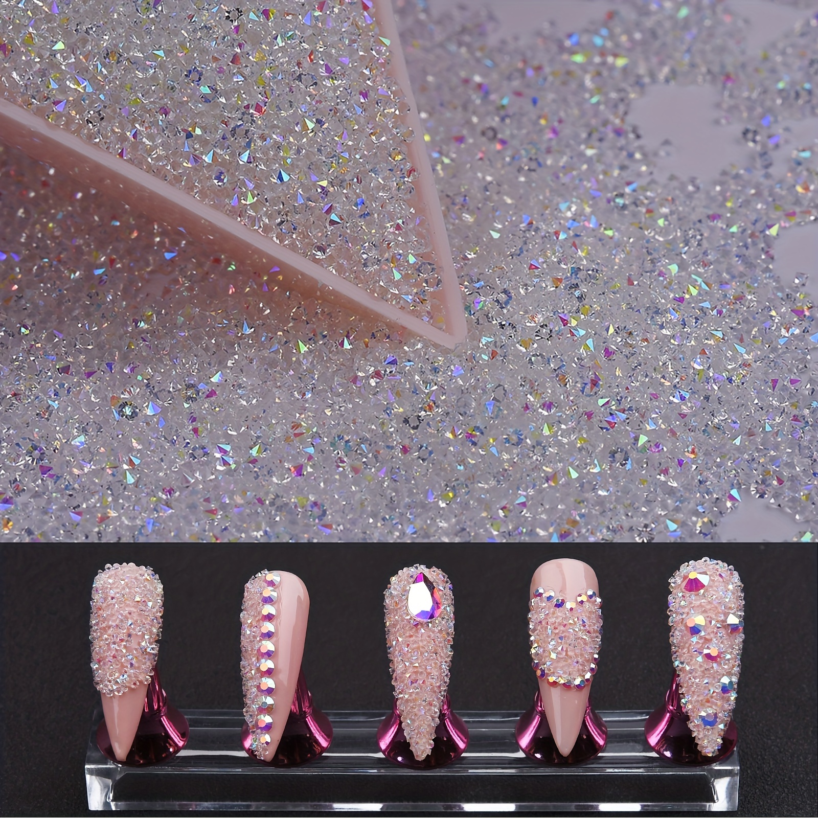 

20000pcs 1.3mm Nail Water Diamond Sand Shell Drill Mini Elf Use Ab Flash Stone, Small Nail Gem Sugar Glitter Beads Nail Ornaments, 4 Nail Trays Transparent Ab Color