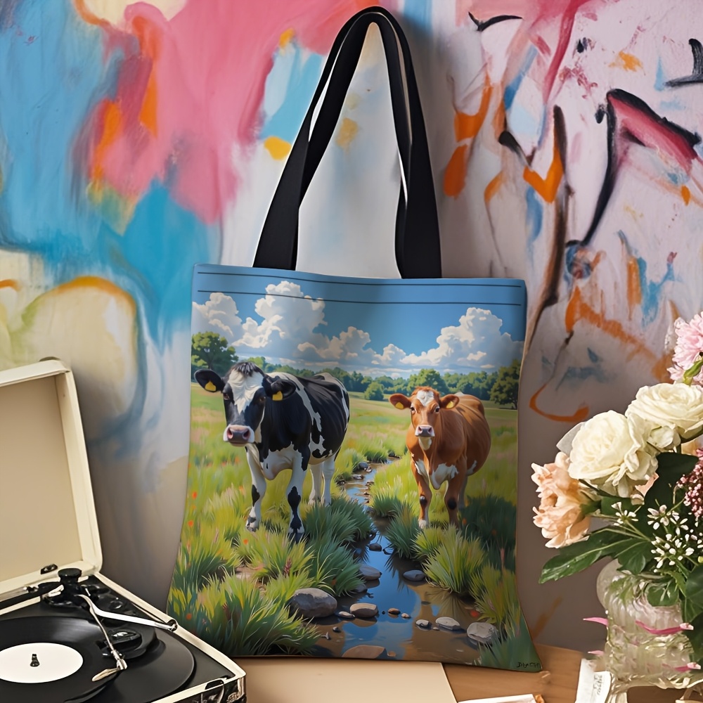 TEMU 1pc Elegant Cow Grazing On Grass Polyester Tote Bag - Lightweight Durable Crossbody Shoulder Bag With Sturdy Handles, Open For Grocery Shopping,
