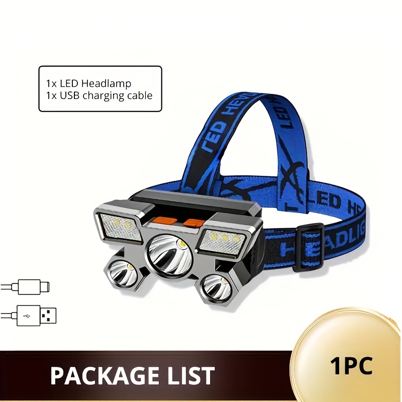 E-shop 1/2 USB wiederaufladbare Stirnlampe, tragbare 5-LED-Kopflampe mit eingebautem Akku, Taschenlampe, tragbare Arbeitsleuchte, IPX4, am Kopf