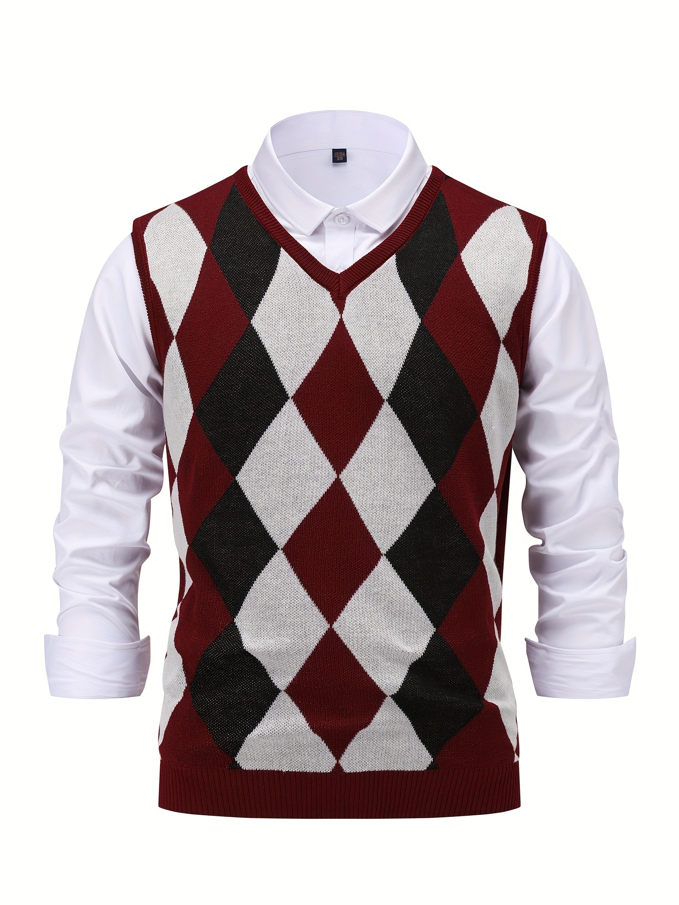 Men's Argyle Graphic Print Knitted Sleeveless V Neck Sweater Vest, Casual For Outdoor Activities