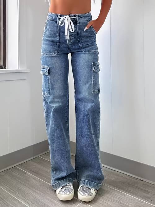 2025 new style womens leisure straight leg jeans with laces and multiple pockets casual fashion denim fabric sweatpants jeans fit womenswear