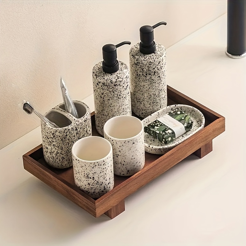Image of Walnut Bathroom Tray, Chinese Style Minimalist Organizer With Non-slip Surface, Grey Marble Design For Countertop Organization | Multi-functional Toiletry Storage, Solid Wood , Versatile, Space-saving