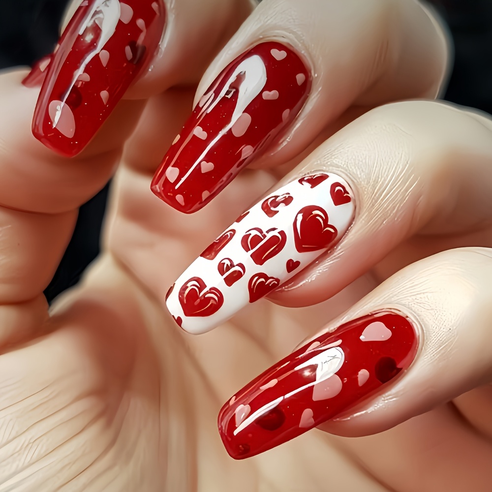 

24pcs Elegant Red Heart Press-on Nails Set, Medium , Removable Valentine's Day Manicure Kit For Women And Girls With Jelly Glue & Nail File