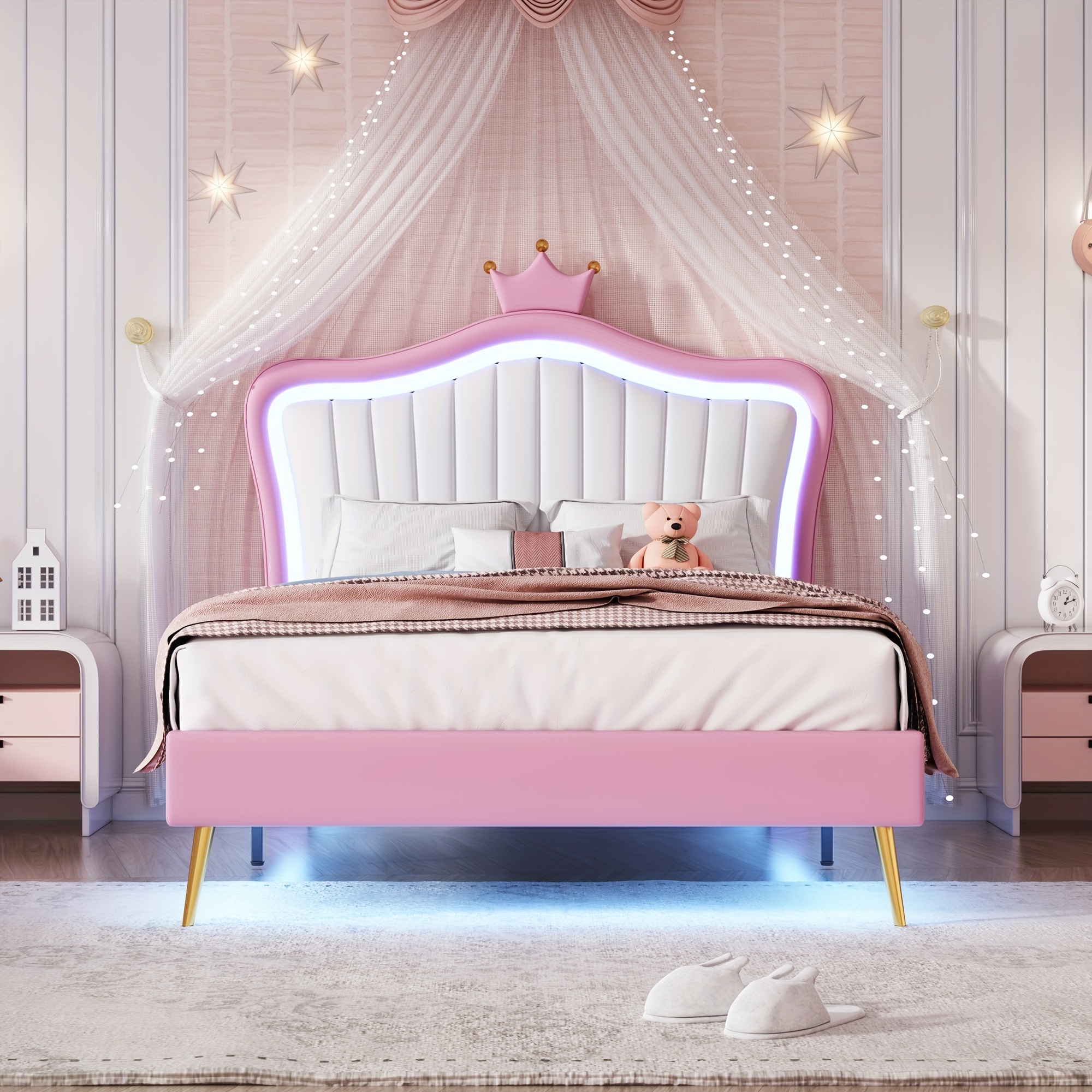 

Twin Size Upholstered Bed Frame, Modern Upholstered Princess Bed With Crown Headboard, White+pink