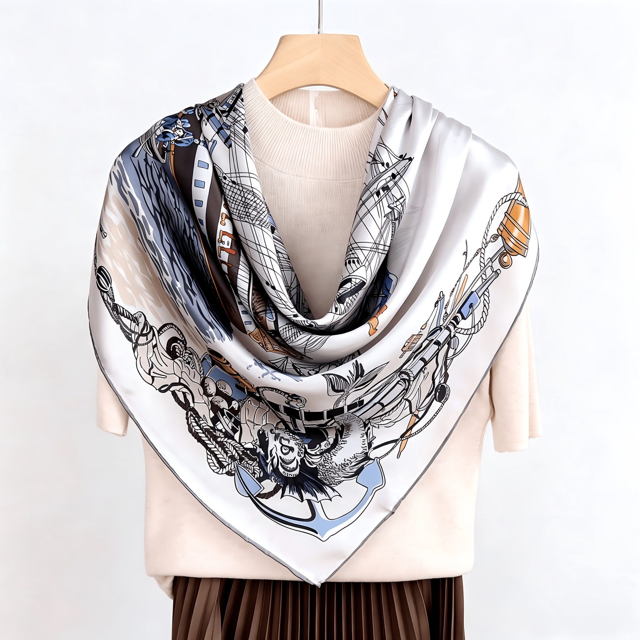 One 100% Silk Women's Square Scarf with a Silky Smooth Texture, Measuring 110cm X 110cm. This Oversized Scarf Offers Multiple Uses—it Can Be Worn as a Shawl, Scarf, or Neckerchief. Featuring a Simple Line-art Print, It Pairs Well with a Blazer