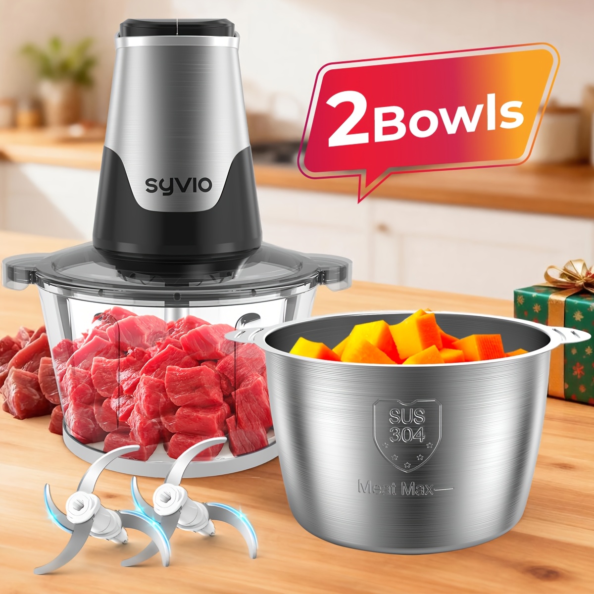 TEMU Syvio 450w Food Processors With 2 Bowls, Meat Grinder 4 , Mini Electric Food Chopper, For Baby Food, Meat, Onion, Vegetables Chopper, 2 Speed,