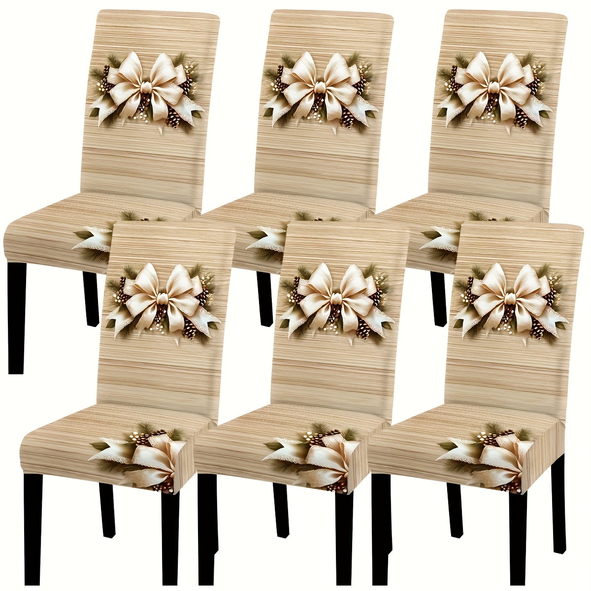 TEMU Dokriy 4/6 pièces, Housse de chaise en avec nœud de Noël, et motif bois beige imprimé numérique - Housses de coussin de siège élastiques