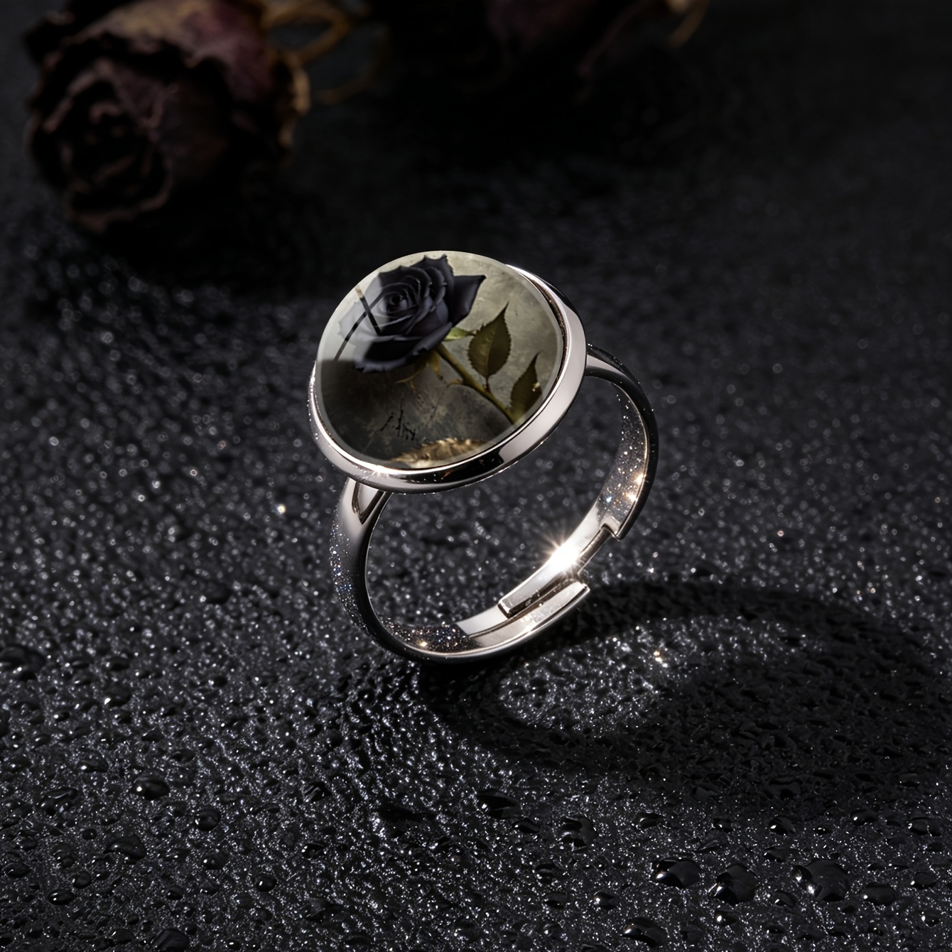 Women's Vintage Black Rose Pattern Half-Dome Open Ring