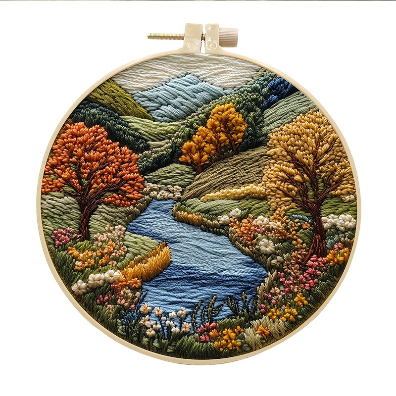 TEMU Beginner's Embroidery Kit Designed For Adults Featuring A Landscape Pattern With Trees, Mountains, Rivers, And Floral Elements. This Hand