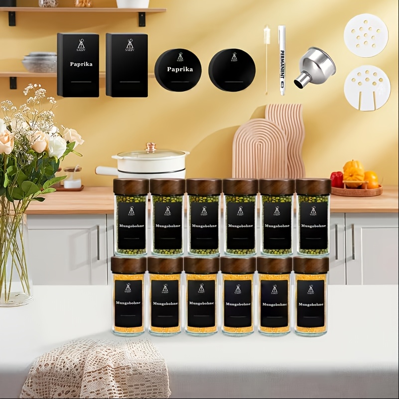 E-shop SAEIV Set aus Glasgewürzgläsern mit Holzdeckeln | 12/24 Gewürzgläser mit Etiketten | 100ml runde Glasgewürzbehälter | Experte für