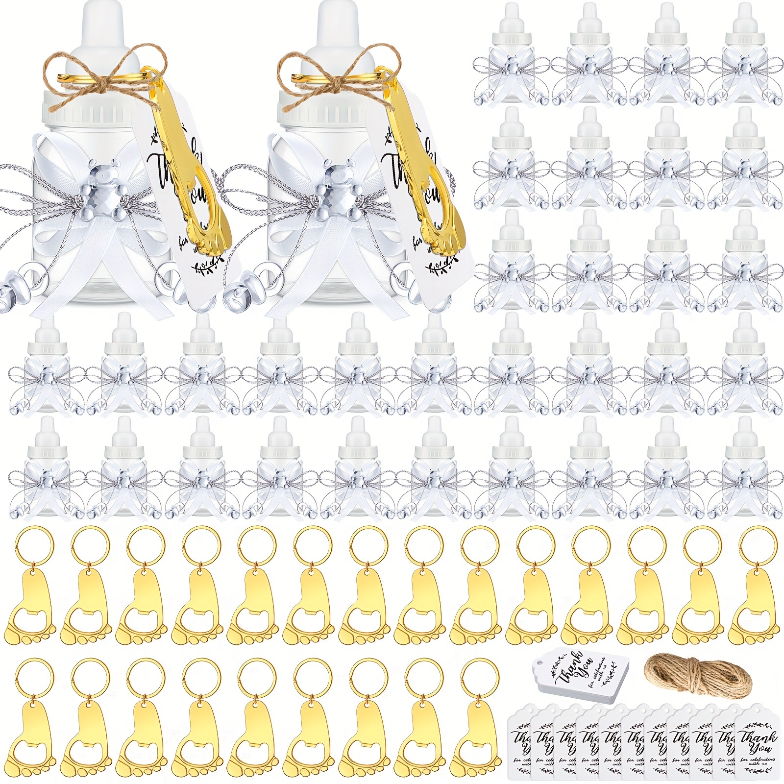 

150 Pcs Baby Shower Party Gift Bottles Games 50 Mini Milk Baby Bottles 50 Footprint Bottle Openers 50 Thank You Tag For Girl Boy Baby Shower Party Guest Return Gifts (white, Gold)