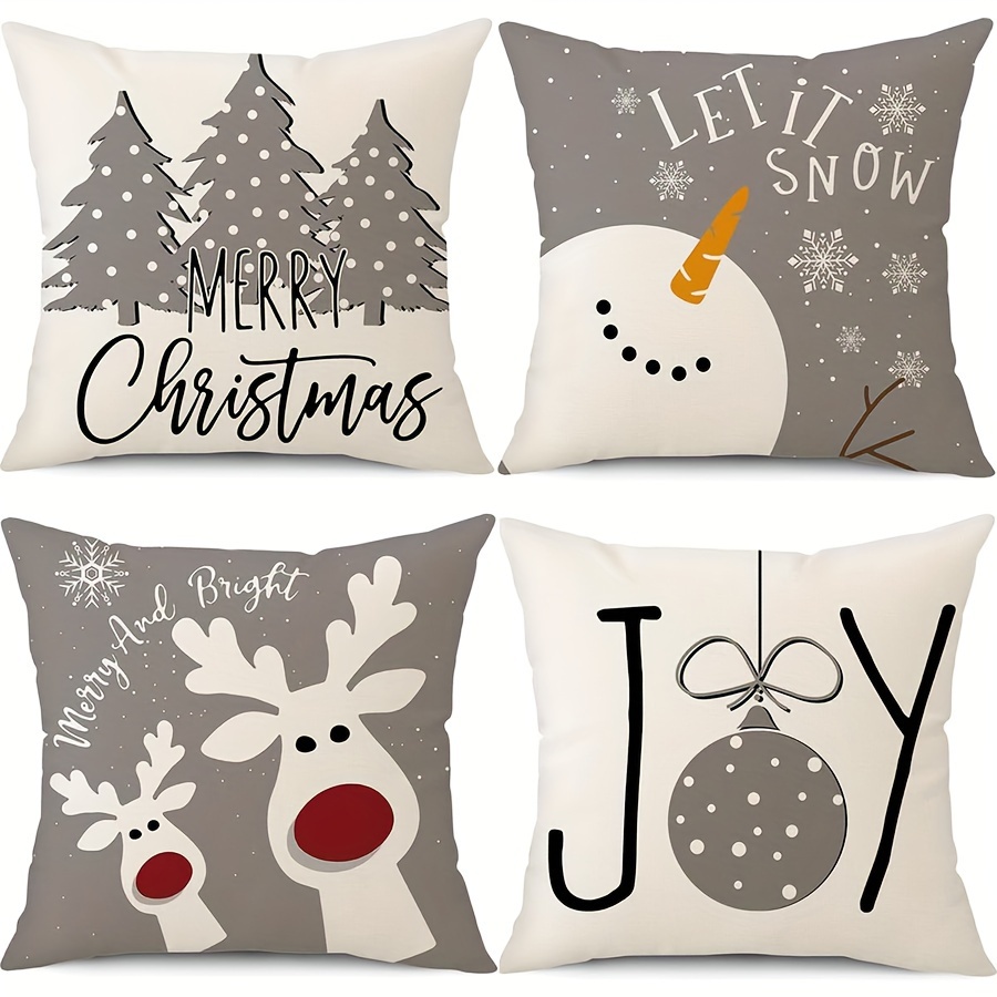 Image of 4pcs, Linen Christmas Pillow Covers Christmas Decorations Snowman Deer Christmas Tree Decor Throw Cushion Case For Home Couch 16x16, 18x18, 20x20 (single-sided, No Pillow Core)