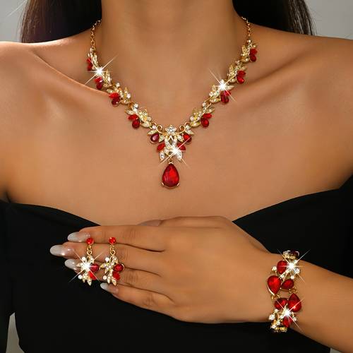 4pcs set red teardrop shaped necklace dangle earrings and bracelet set alloy material suitable for bridal weddings anniversaries and prom parties