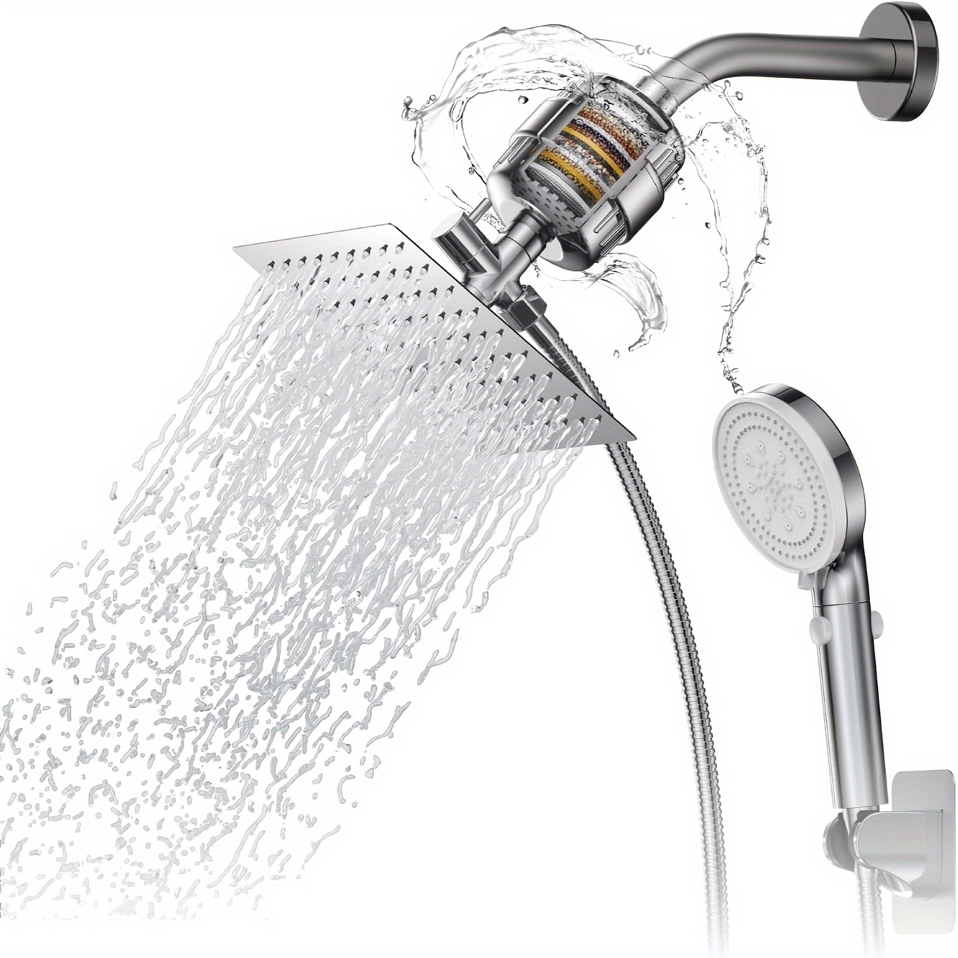 

Filtered Shower Head 20 Stage Shower Filter 8" High Pressure Square Rain Shower Head With 5 Spray Mode 60" Stainless Steel Hose Remove Chlorine Fluoride Reduces Dry Itchy Skin, Chrome