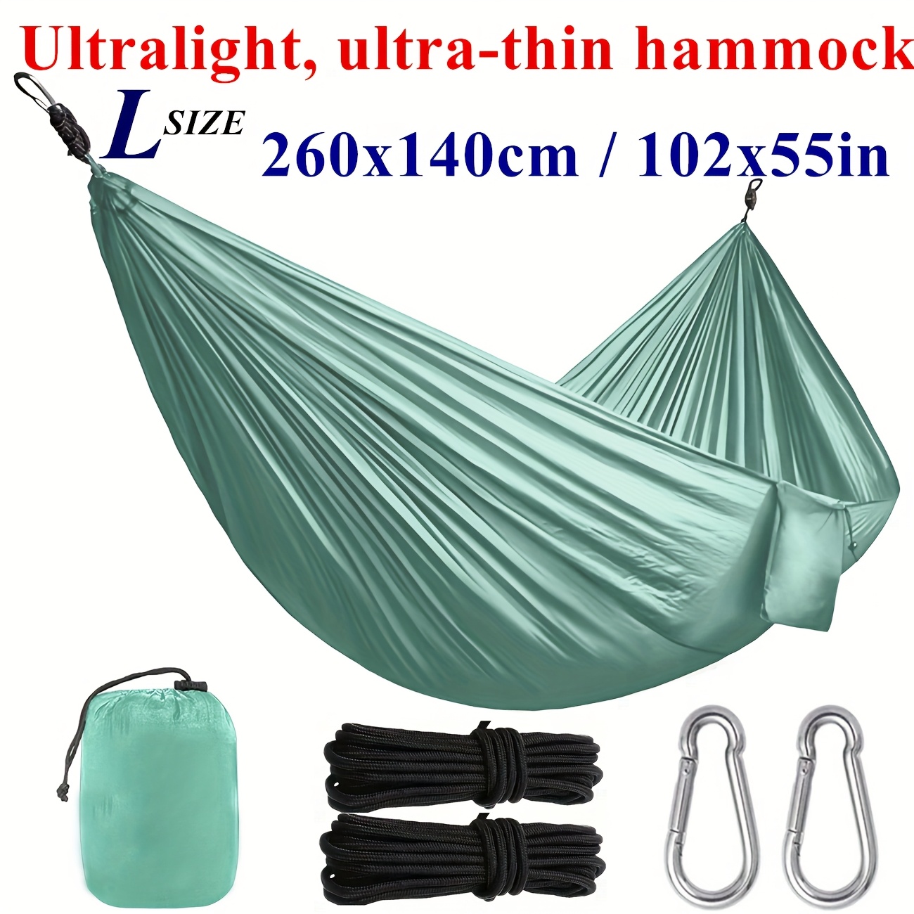 E-shop Ultra-Leichte Camping Hängematte (260X140Cm / 102X55In), Neues minimalistisches, einfarbiges Design, Nylon Hängematte mit zwei Aluminiumhaken,