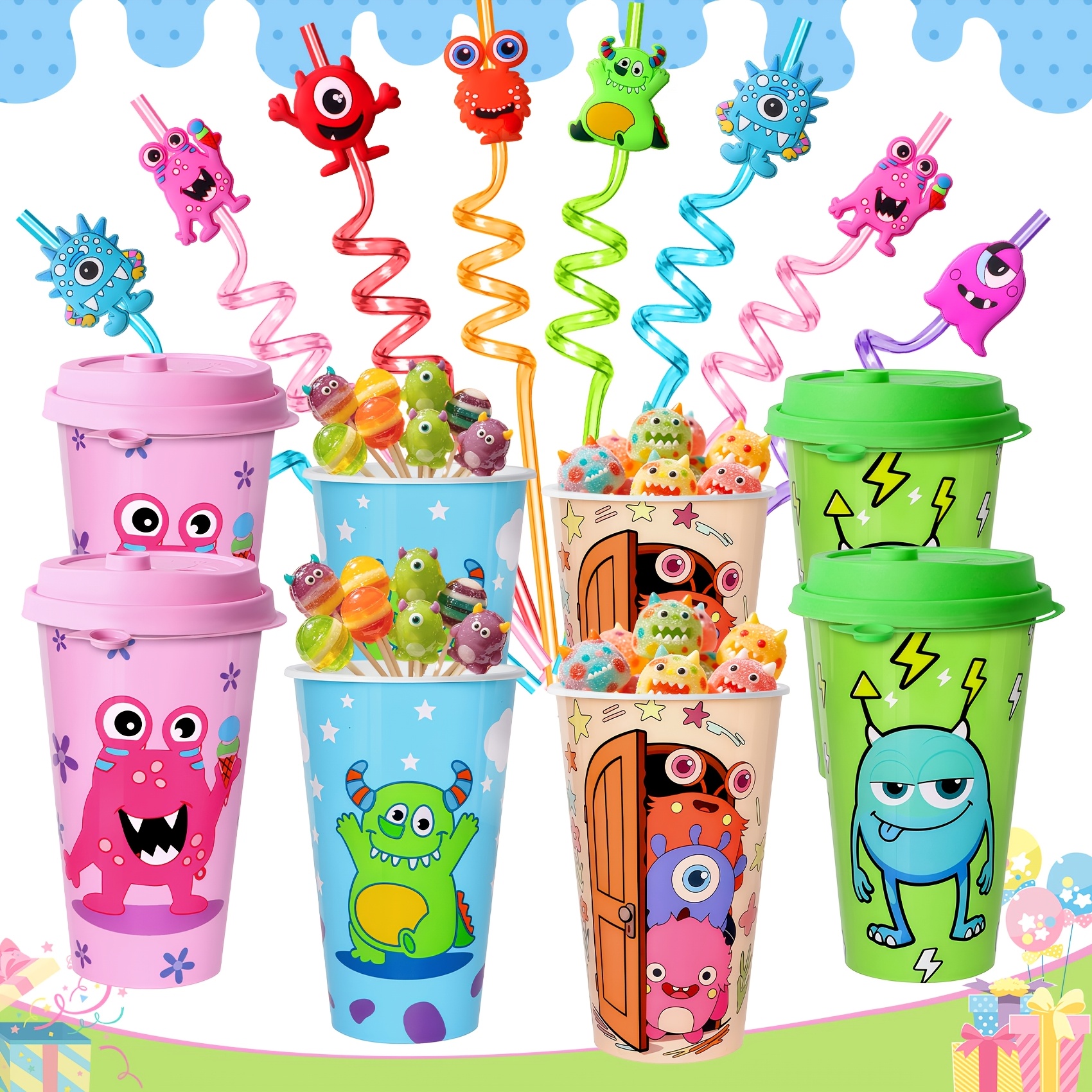Image of 8 Cups And - The Wonderful Monster Party Supplies Set. Reusable Cartoon Monster Party Decorations. For Birthday Parties. A Fun Set Suitable For Juices, Smoothies And Desserts. For Birthday Parties