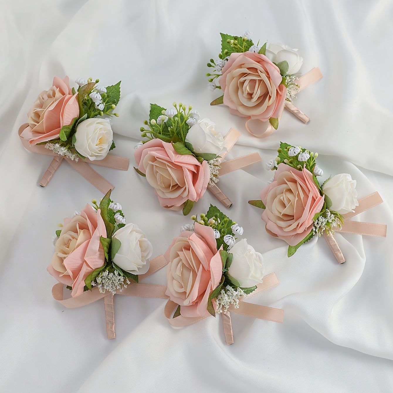 TEMU 6pcs Rose And Forest-style Aesthetic Corsage Set, Suitable For Groom, Bride, Groomsmen, Bridesmaids, Wedding Decorations,, Events, Parties, And