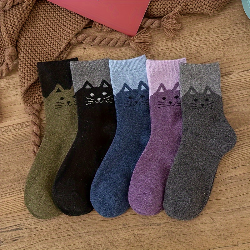 

5 paires de chaussettes à motif de chat de dessin animé, chaussettes mi-hautes décontractées et chaudes pour l'automne et l'hiver, bas et bonneterie pour femmes