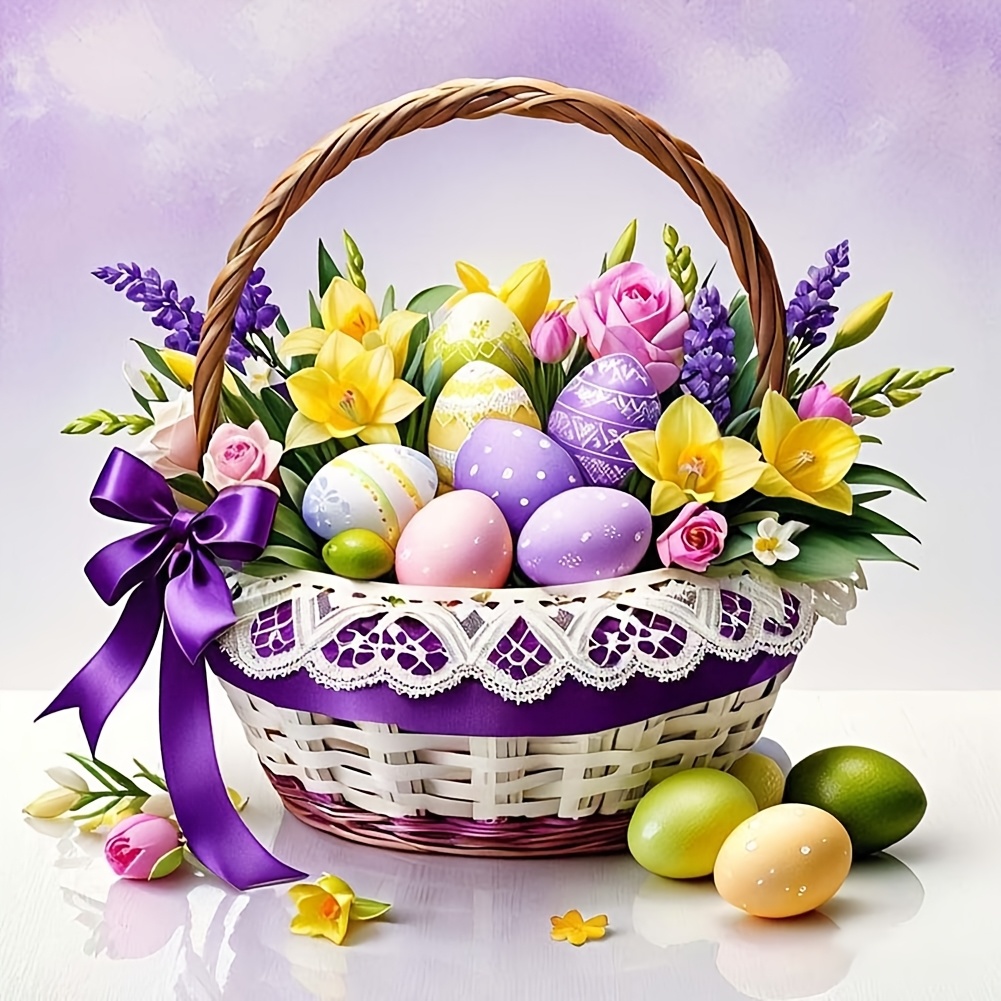 

Rustic Wooden Easter Basket With Eggs And Flowers, 5d Diy Diamond Painting Kit, Acrylic Art Craft For Home Wall Decor, Cartoon Theme, Round Shape, Holiday Decoration