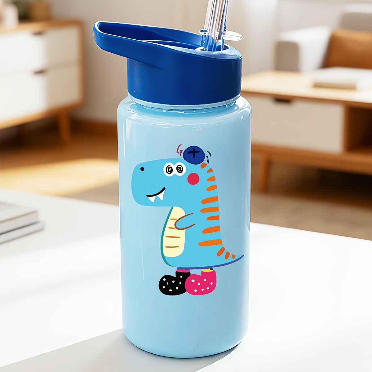 TEMU Customizable Name - Cute Plastic Straw Water Bottle Cup, 500ml, With Brachiosaurus Print, Flower Socks Print, Balloon Print, Top Hat And Basket
