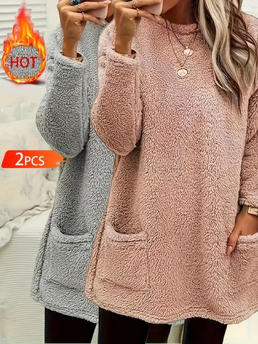 2pcs Women's Winter Thermal Teddy Fleece Long Sleeve Sweaters with Pockets - Cozy Mid-Length Pullover Tops for Indoor & Outdoor, Machine Washable, Solid Colors (Mint Green & Blush Pink), Cute Sweaters, Home Relaxation Attire, Round Neckline Top, Durable Winter Wear