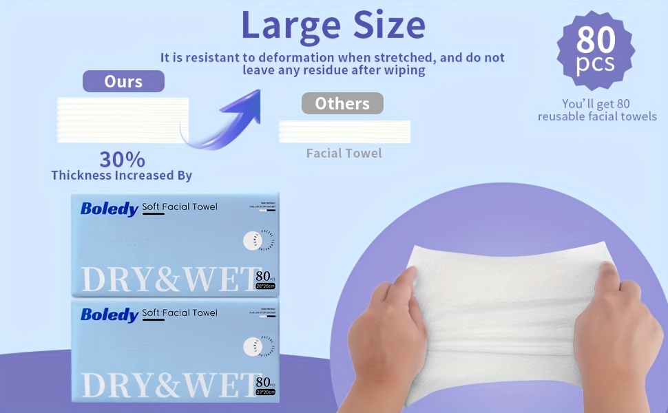480 Count Boledy Soft Facial Towel, Large Thick Cotton Facial Tissue, Lint Free Face Cleansing Wipes, Ultra Absorbent Disposable Face Towel, Makeup Removing Wipes for Sensitive Light Beige, Dry Wipe ( 6 packs)