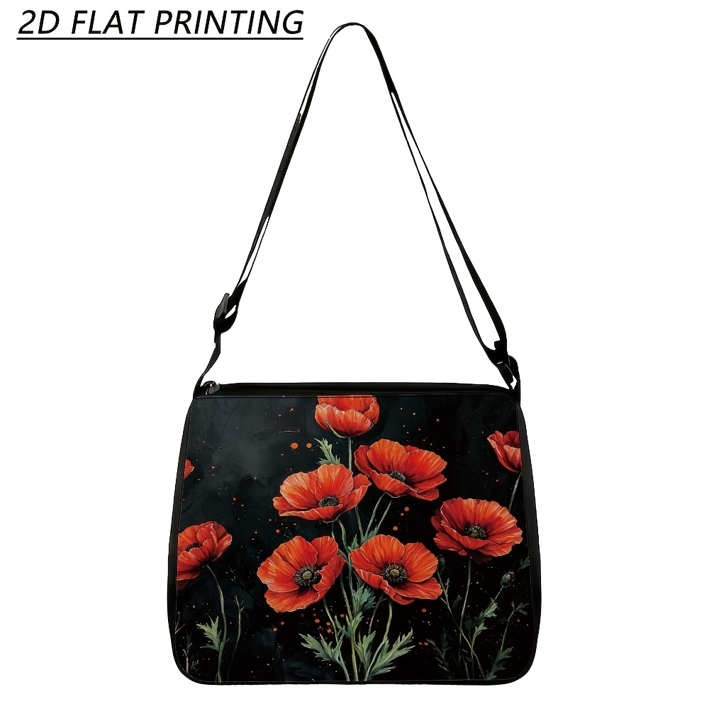 TEMU 1pc Women's Vintage Red Poppy Flower Shoulder Bag - Adjustable Strap & Zipper Closure Crossbody Purse, Black Background With Red Poppy Print,
