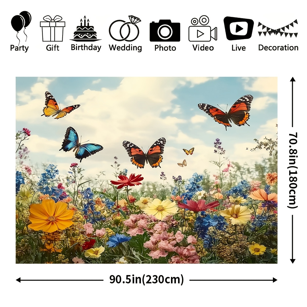 TEMU 1pc Spring Garden Backdrop, Polyester Floral & Insect Print, Rectangular Hanging Photography Prop, For Weddings, Birthdays, Baptisms, Events