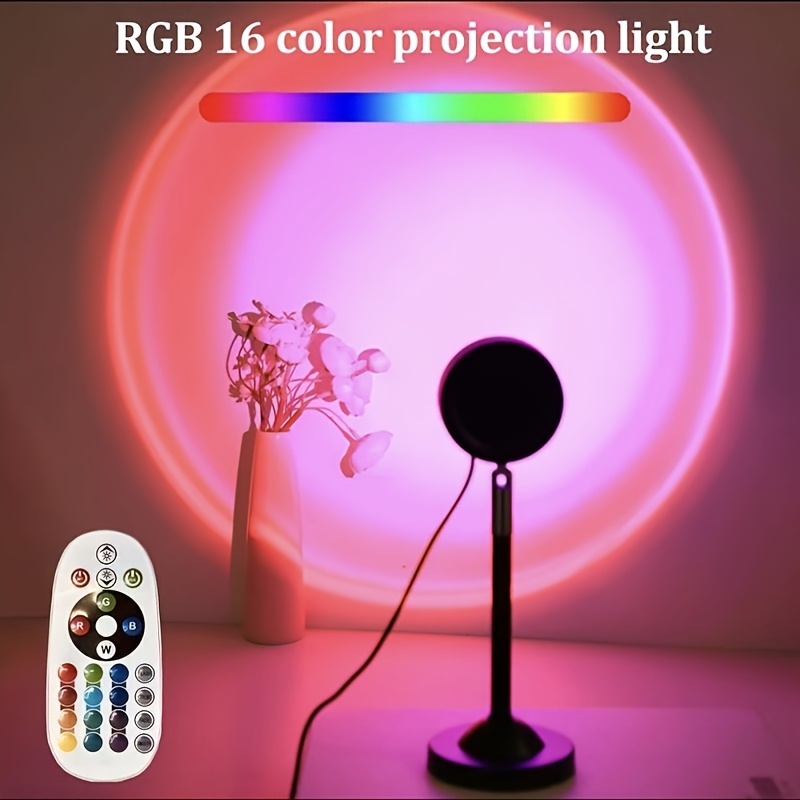 TEMU 1pc Usb Sunset Lamp With Remote Control - 16-color Changing Rgb Led Projector, Adjustable Brightness, Vibrant Pink And Blue Tones, , Durable