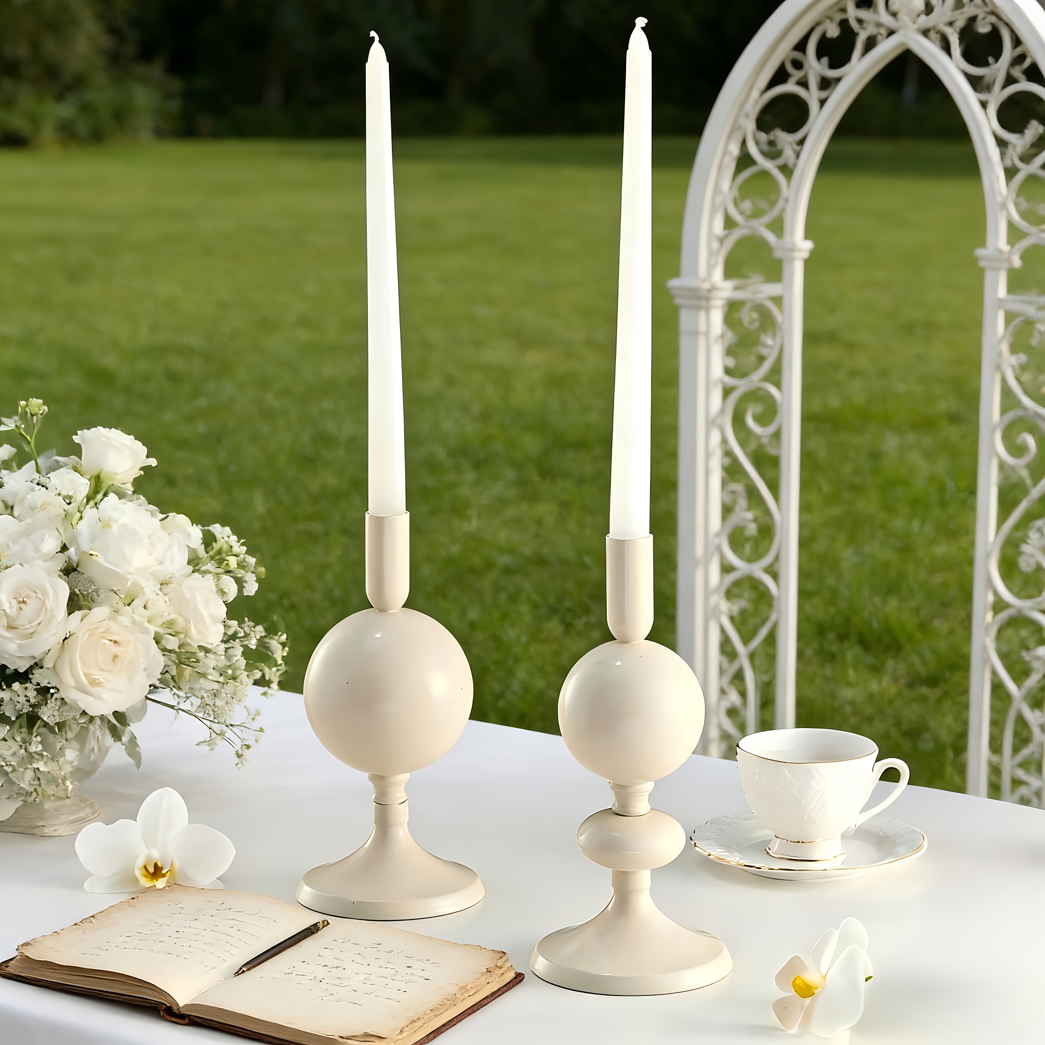 2pcs Set of Modern Spherical Candlesticks, Cream + Sage Green Matte Metal Long-stem Candle Holders, Versatile Tabletop Decorative Ornaments for Dining Tables, Coffee Tables, Weddings, and Parties