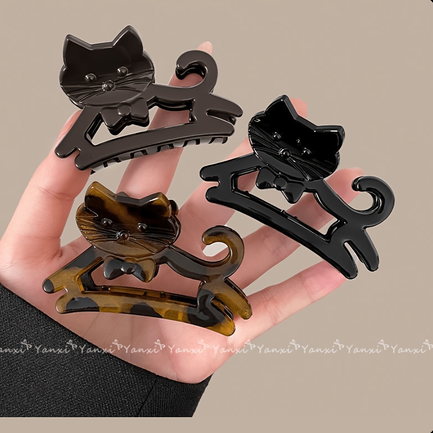 TEMU 3pcs Leopard Print Vintage Cartoon Cat Small Claw Clips For Women With Thin Hair, Back Of Head Hair Clips, Half-up Hairstyle, High-end, Elegant,