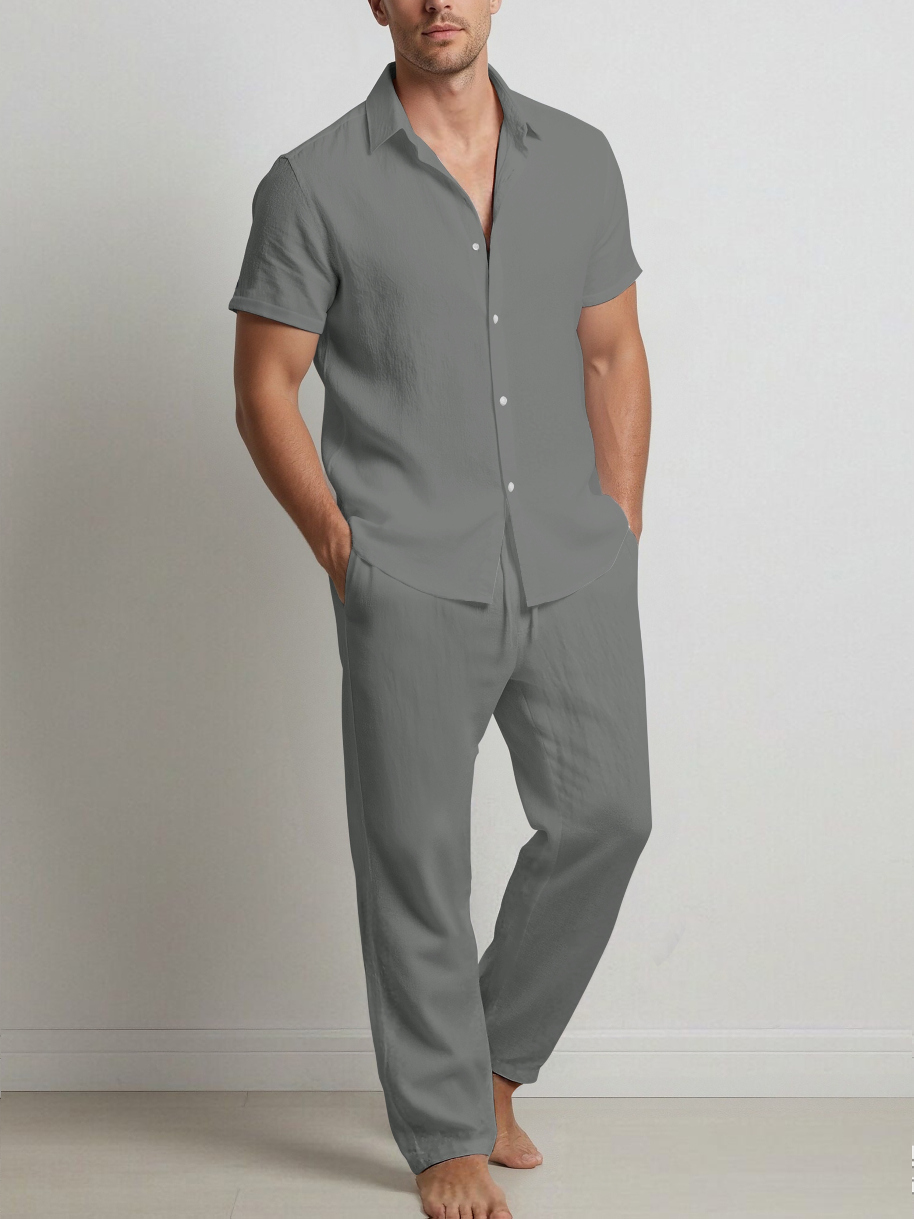 Men's Fashionable Solid Color Cotton- Shirt and Trousers Set, Casual Breathable 2pcs Outfit for Men