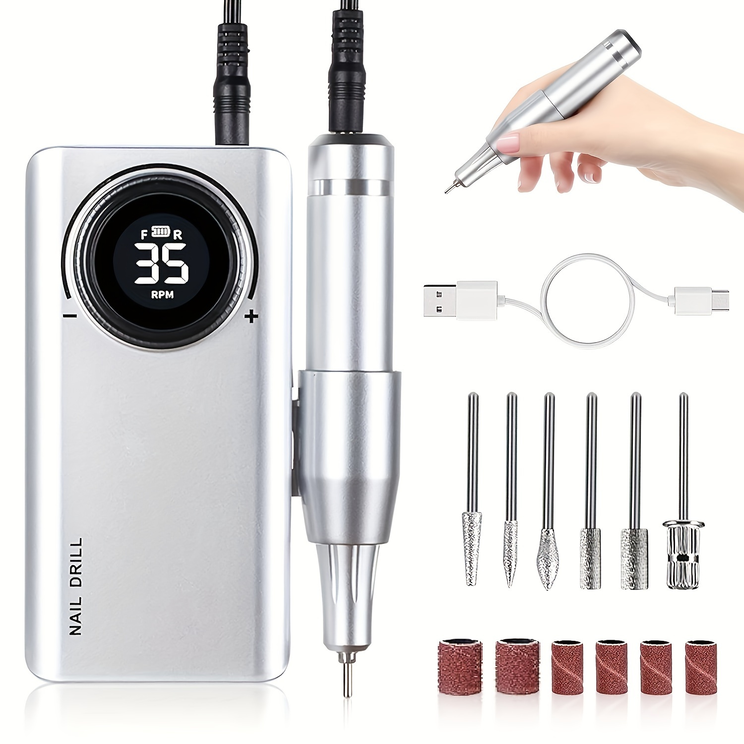 TEMU Kit With Of 35000 Rpm - Rechargeable And Electric File, For Easy Polishing, And Gel Removal - Ideal For - , Includes A Variety Of