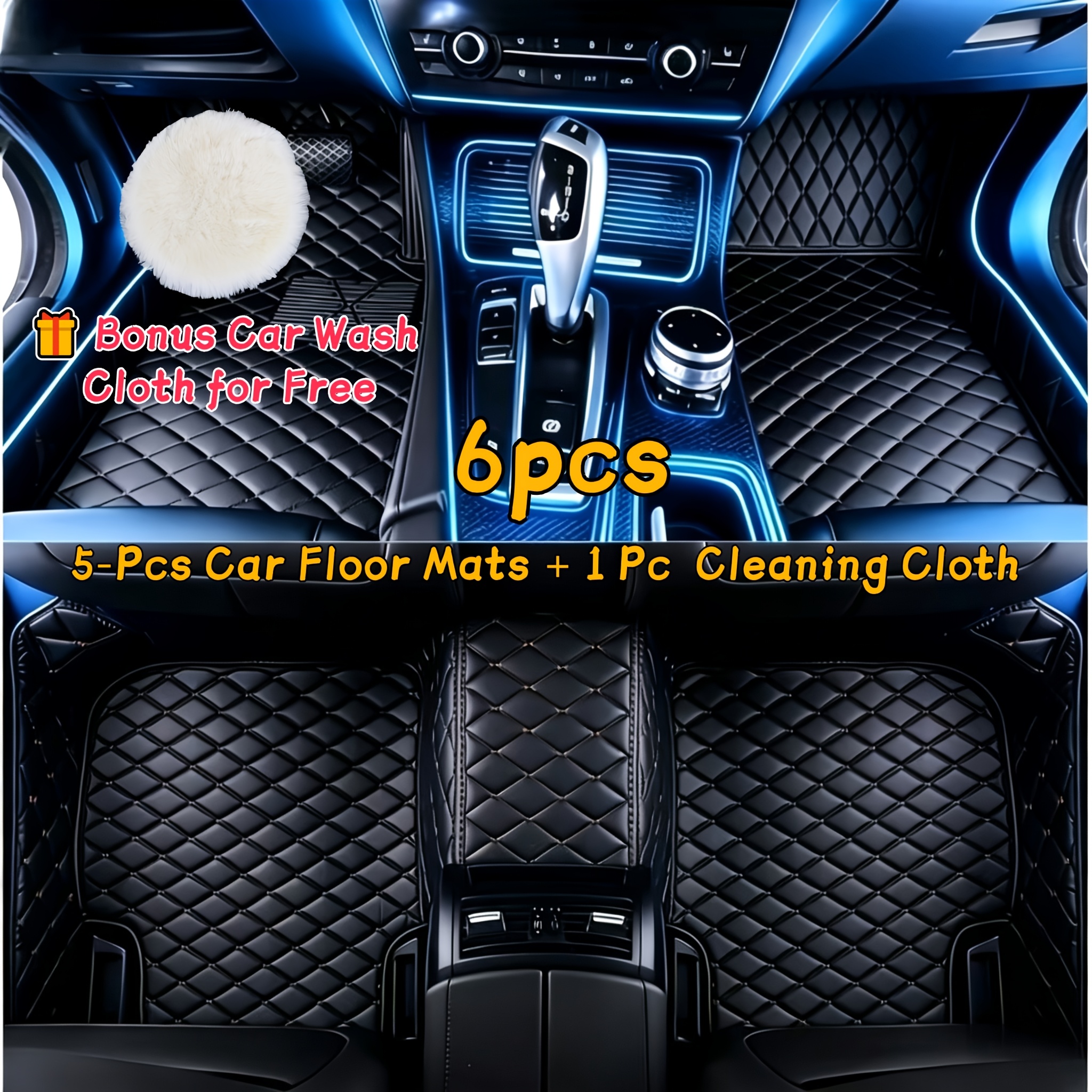 TEMU 6pcs Set, 5pcs Luxury Faux Pu Faux Pu Leather Car Floor Mats And 1pc Cleaning Cloth, Suitable For Sedans And Trucks/suvs, Universal Model, With