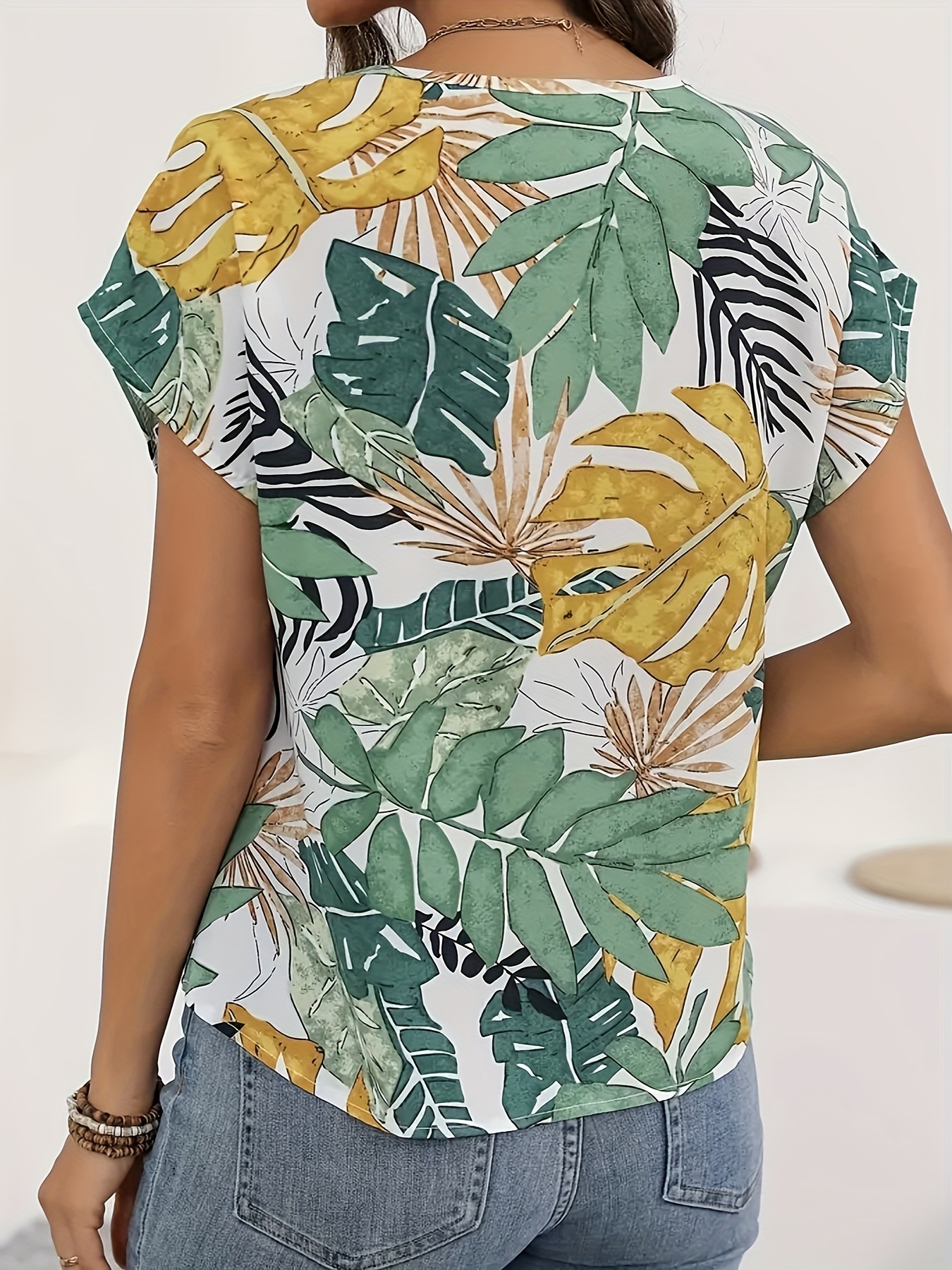 women's tropical leaf print t shirt elegant crew neck short Temu