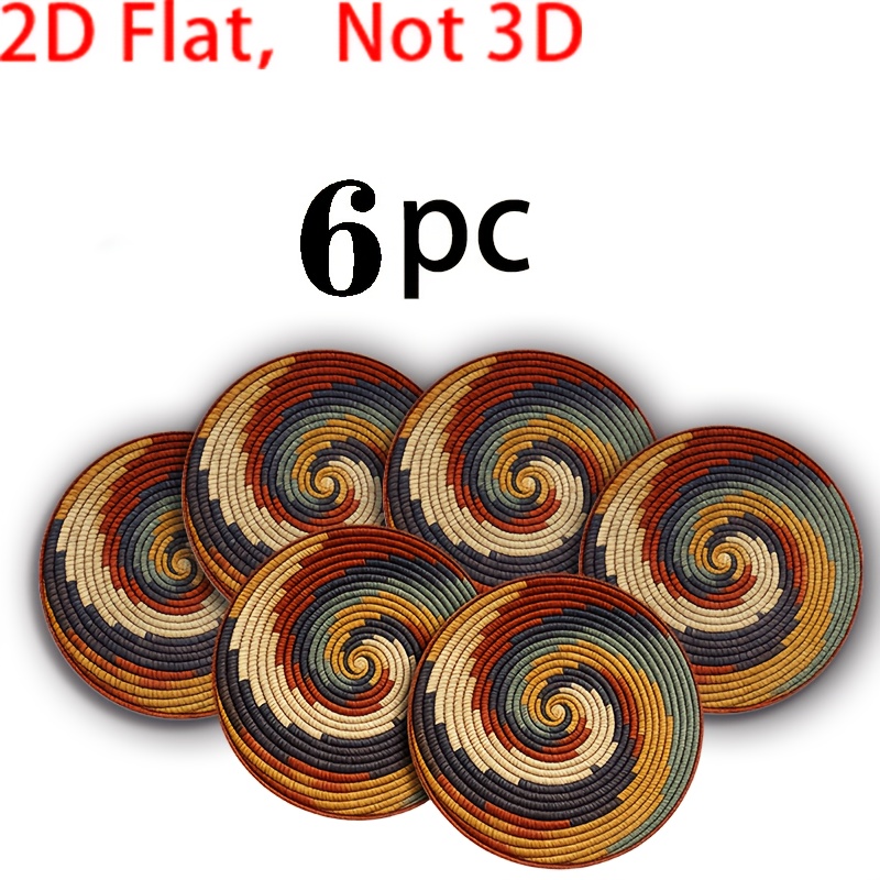 TEMU Plat 2D - Lot de 6 - Sous-verres ronds en bois - Sous-verres vintage spirale aux - Impression à plat - Antidérapants et résistants à la chaleur,