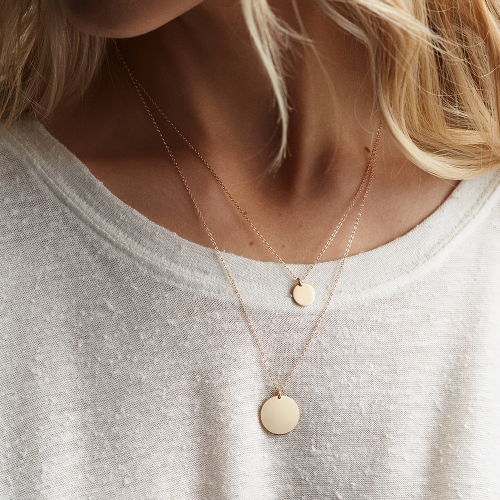 2pcs Double Layer Necklace Stainless Steel Round Pendant Short Chain