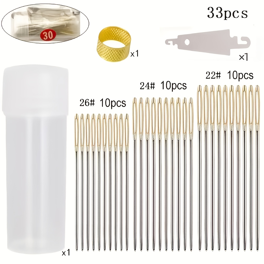 Image of 33pcs Golden Tail Cross- Needle Set, Including Threading Tool And Adjustable Finger Protectors, In Sizes Suitable For Embroidery And Sewing, With A Needle Box, Perfect For Diy Craft Projects